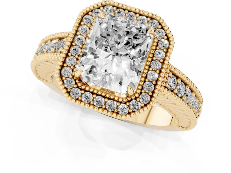 Radiant Cut Diamond Halo Ring Set in Yellow gold with Round Accent Halo, Pavé Band and Prong Setting