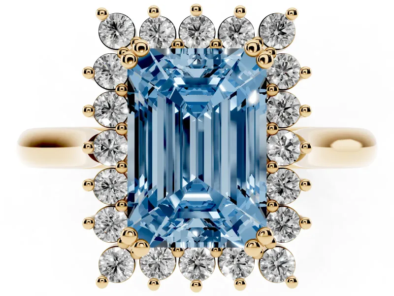 Emerald Cut Starburst Halo Engagement Ring Setting for a Fancy Blue Lab-Grown Diamond | Yellow Gold