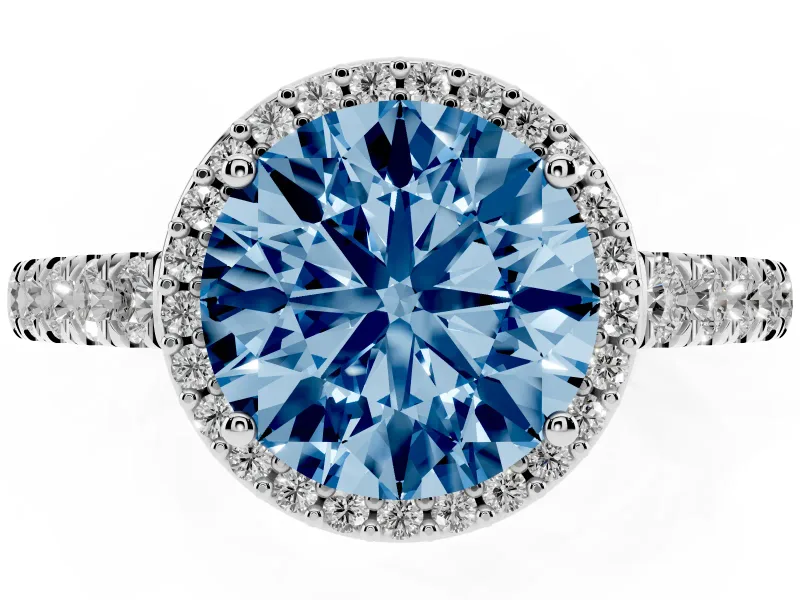 Fancy Blue Round Cut Diamond Halo Engagement Ring Set in Silver with Pavé Band and Prong Setting