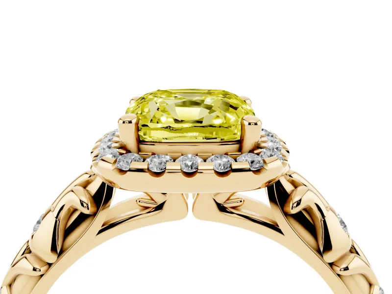 Cushion Cut Leaf Halo Engagement Ring Setting for a Fancy Yellow Lab-Grown Diamond | Bezel Accents | Yellow Gold