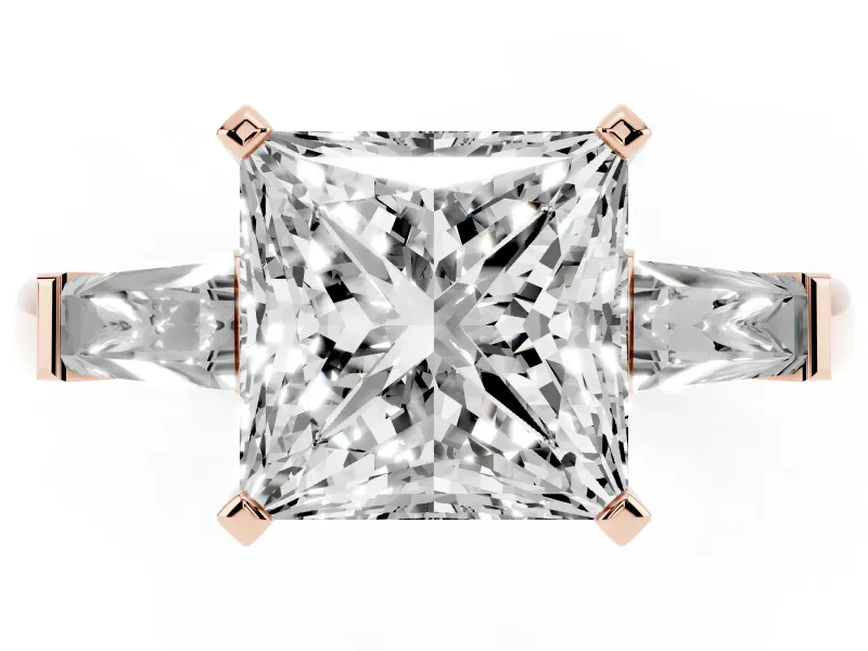 Princess Cut Three Stone Engagement Ring Setting | Tapered Baguettes | Rose Gold