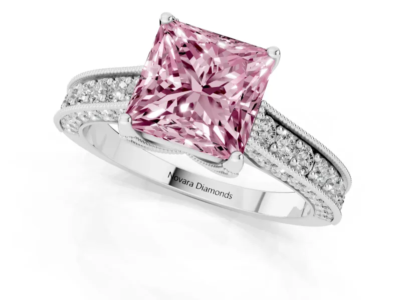 Princess Cut Hidden Halo Engagement Ring Setting for a Fancy Pink Lab-Grown Diamond | Milgrain Pave | Platinum