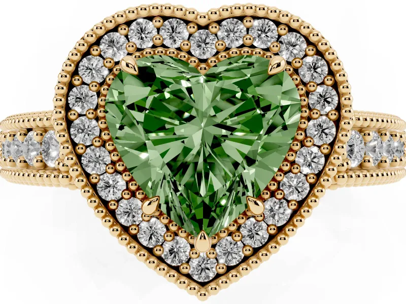 Fancy Green Heart Cut Diamond Halo Ring Set in Yellow gold with Round Accent Halo, Pavé Band and Prong Setting