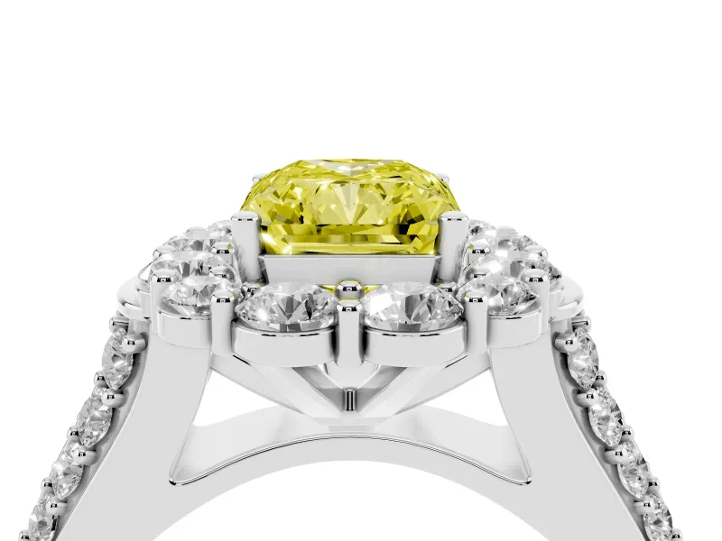 Fancy Yellow Radiant Cut Diamond Halo Engagement Ring Set in Silver with Split Shank and Prong Setting
