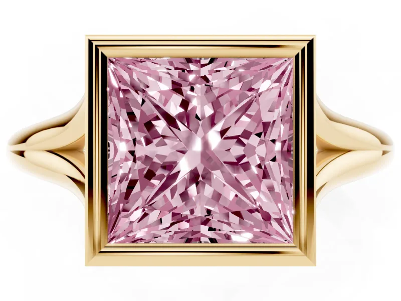 Fancy Pink Bezel Set Princess Cut Diamond Solitaire Ring Set in Yellow gold with Tapered Band