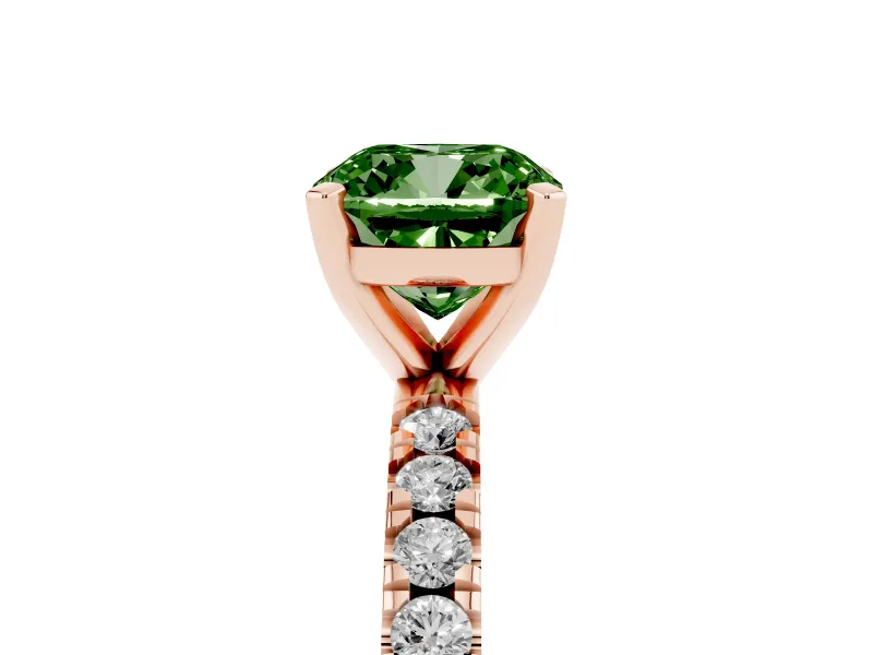 Fancy Green Cushion Cut Diamond Pavé Band Solitaire Set in Rose gold with Prong Setting