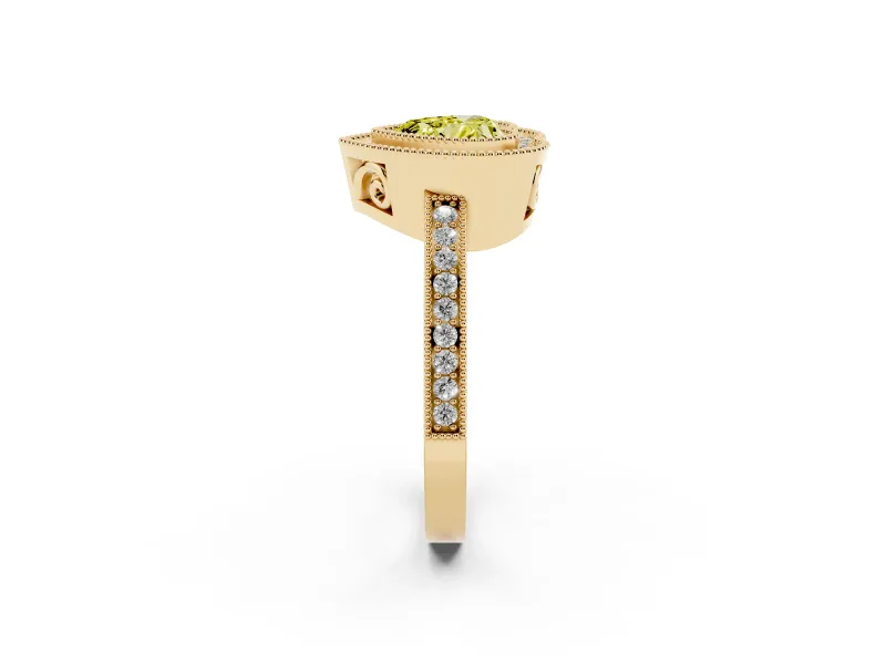 Heart-Shaped Double Milgrain Halo Engagement Ring Setting for a Fancy Yellow Lab-Grown Diamond | Pave Band | Yellow Gold