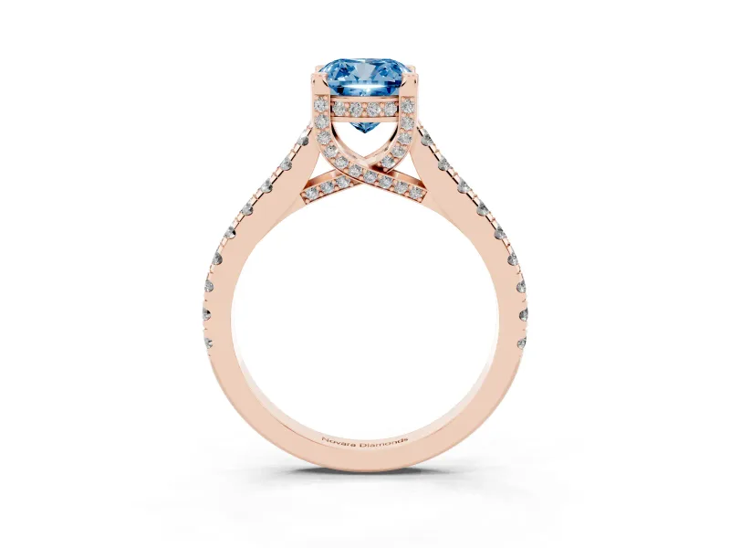 Cushion Cut Hidden Halo Pave Engagement Ring Setting for a Fancy Blue Lab-Grown Diamond | Claw Prongs | Rose Gold