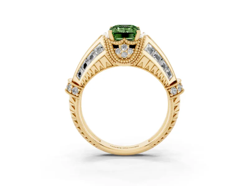 Fancy Green Emerald Cut Diamond Vintage-Inspired Milgrain Ring Set in Yellow gold with Accent Split Shank