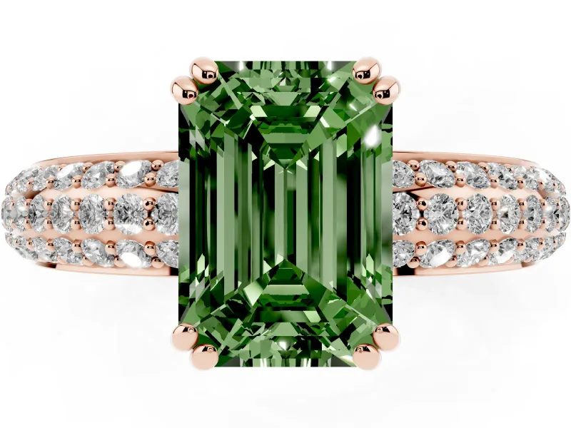 Emerald Cut Three Row Pave Engagement Ring Setting for a Fancy Green Lab-Grown Diamond | Rose Gold