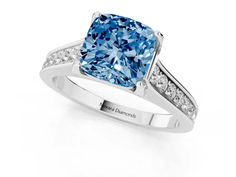 Fancy Blue Cushion Cut Diamond Solitaire Pavé Engagement Ring Set in White gold with Prong Setting