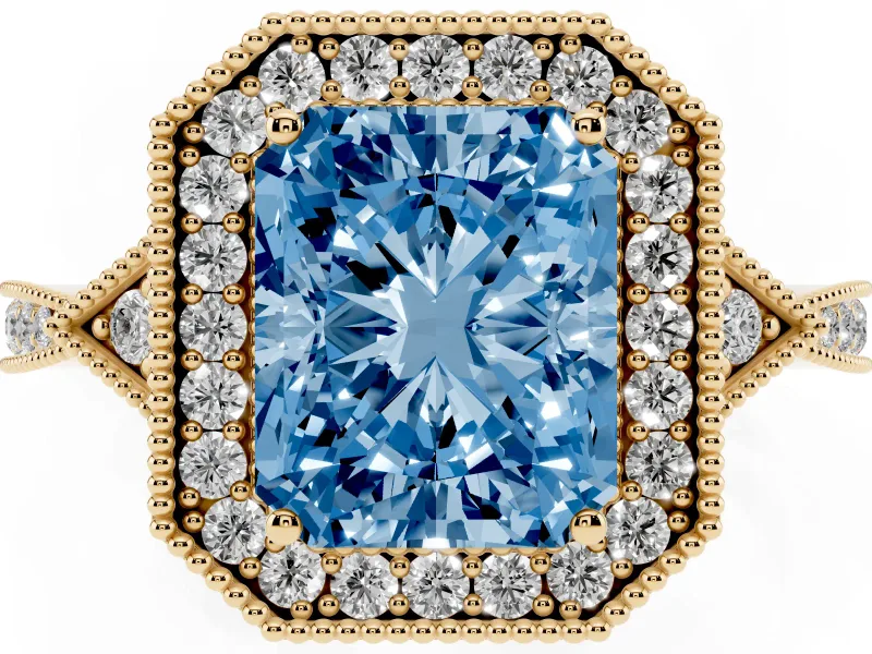 Radiant Cut Milgrain Halo Engagement Ring Setting for a Fancy Blue Lab-Grown Diamond | Graduated Pavé | Yellow Gold