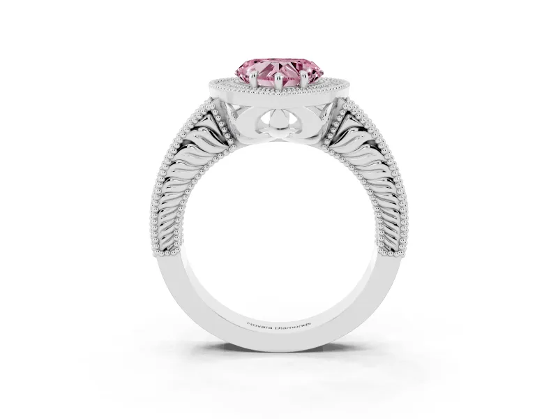 Fancy Pink Heart Cut Diamond Halo Ring Set in White gold with Round Accent Halo, Pavé Band and Prong Setting