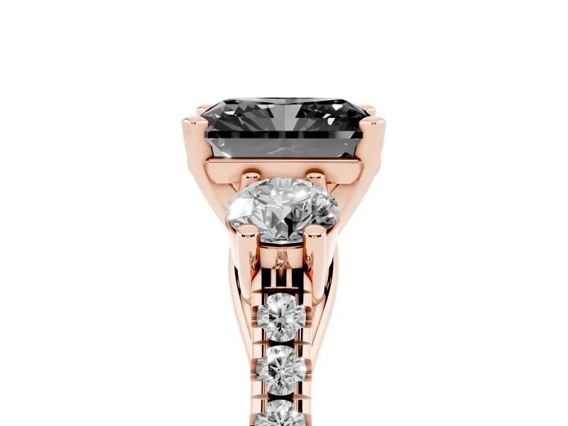 Fancy Black Three-Stone Radiant Cut Diamond Pavé Band Ring Set in Rose gold with Prong-Set Trio