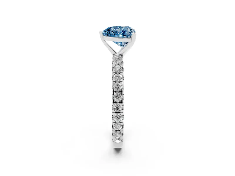 Fancy Blue Heart Cut Diamond Pavé Solitaire Ring Set in Silver with Round Band and Prong Setting