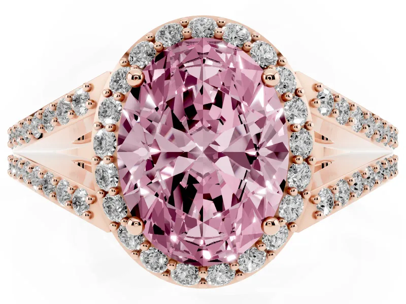Oval Halo Engagement Ring Setting for a Fancy Pink Lab-Grown Diamond | V-Split Pavé Band | Rose Gold