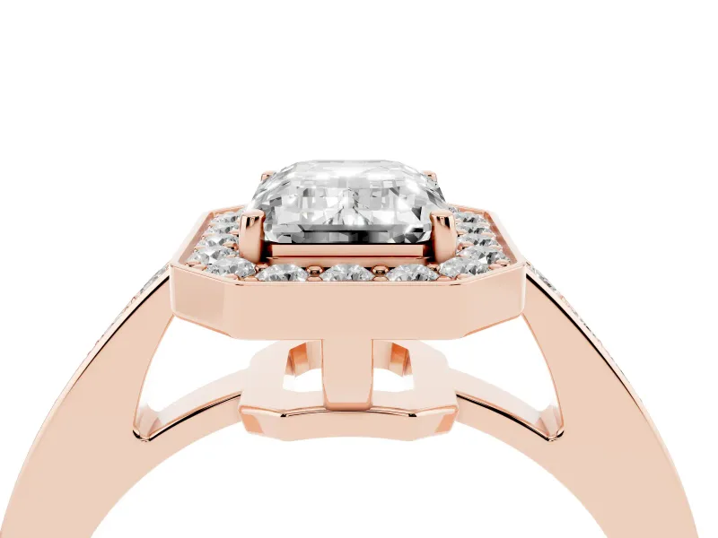 Emerald Cut Diamond Halo Pavé Engagement Ring Set in Rose gold with Bezel Setting