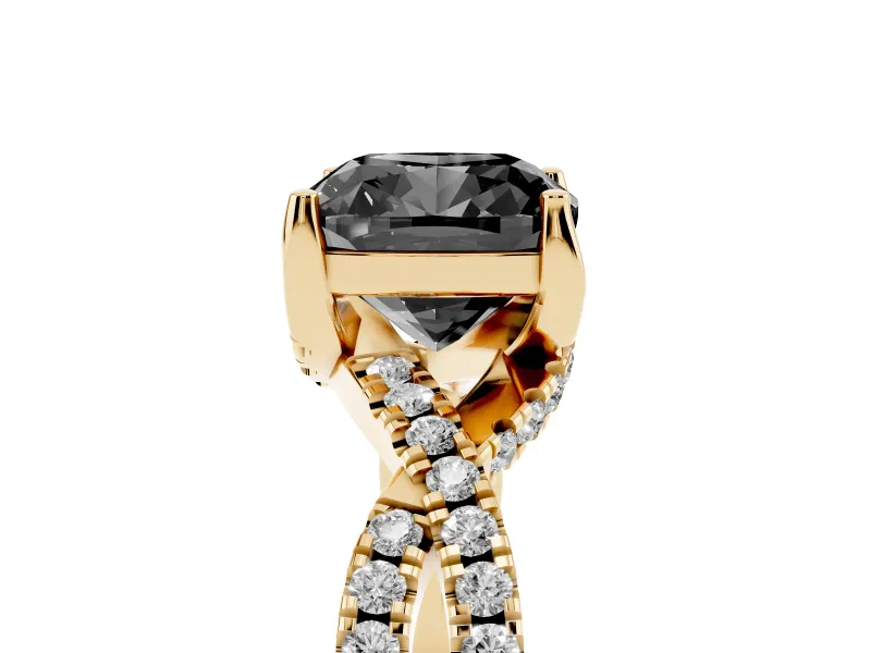 Cushion Cut Twisted Pavé Engagement Ring Setting for a Black Center | Split Shank | Yellow Gold