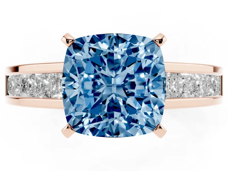 Fancy Blue Cushion Cut Diamond Solitaire Ring Set in Rose gold with Channel-Set Band and Prong Setting