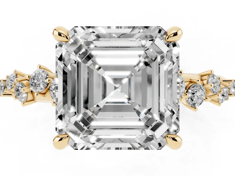 Asscher Cut Diamond Solitaire Vine Band Ring Set in Yellow gold with Round Accents and Prong Setting