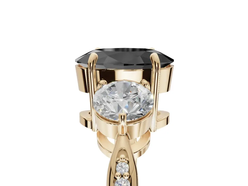 Oval Three Stone Engagement Ring Setting for a Black Center | Tapered Pavé Band | Yellow Gold