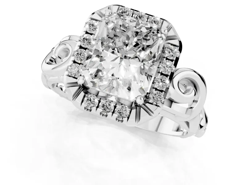 Radiant Cut Diamond Halo Ring Set in Silver with Scrollwork Band and Prong Setting