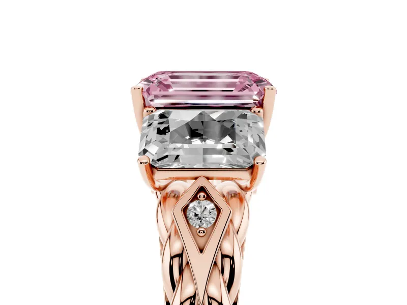 Fancy Pink Emerald Cut Diamond Three-Stone Ring Set in Rose gold with Braided Band