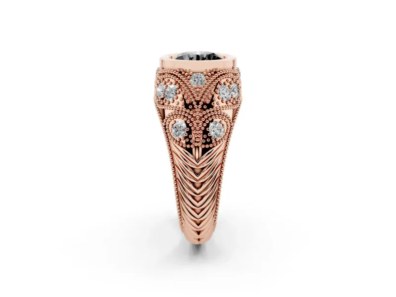 Fancy Black Round Cut Diamond Bezel Ring Set in Rose gold with Milgrain Accent Band