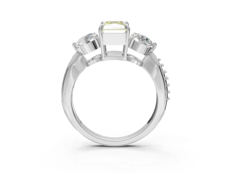 Radiant Cut Three Stone Engagement Ring Setting for a Fancy Yellow Lab-Grown Diamond | Tapered Pave Band | Platinum