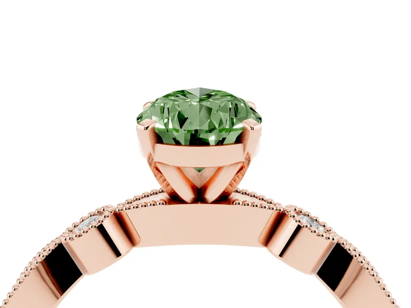 Fancy Green Pear Cut Diamond Solitaire Engagement Ring Set in Rose gold with Milgrain Bezel Accent Band