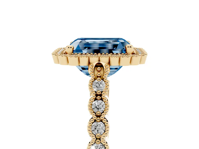 Radiant Cut Milgrain Halo Engagement Ring Setting for a Fancy Blue Lab-Grown Diamond | Beaded Shoulders | Yellow Gold