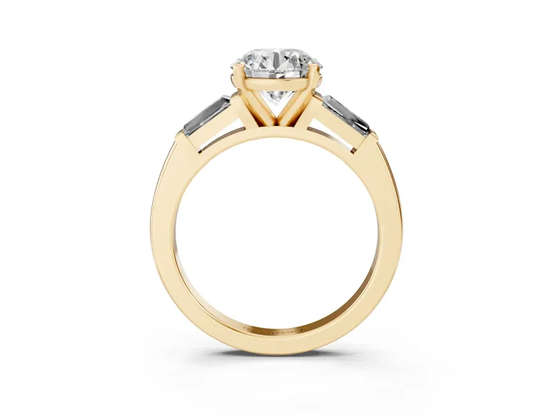 Round Cut Diamond Solitaire Ring Set in Yellow gold with Tapered Baguette Side Stones and Prong Setting