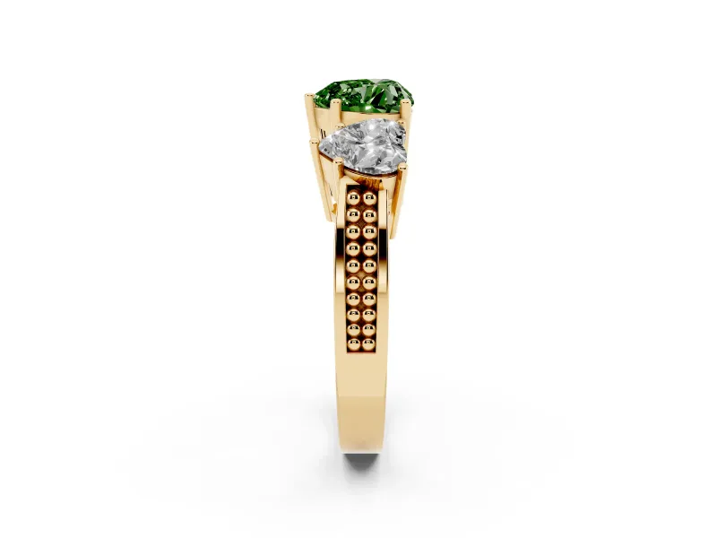 Heart-Shaped Three Stone Engagement Ring Setting for a Fancy Green Lab-Grown Diamond | Beaded Shoulders | Yellow Gold