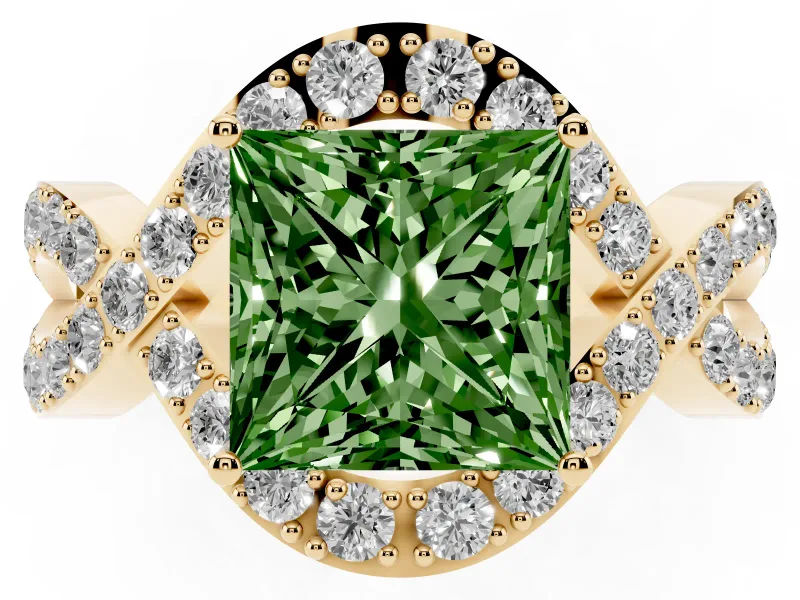 Princess Cut Infinity Twist Engagement Ring Setting for a Fancy Green Lab-Grown Diamond | Pavé Ribbons | Yellow Gold