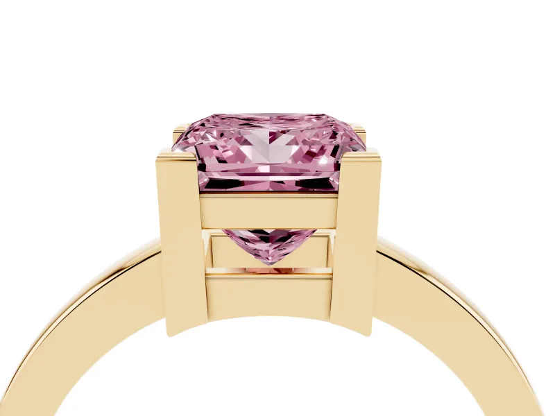 Fancy Pink Princess Cut Diamond Solitaire Ring Set in Yellow gold with Prong Head and Smooth Polished Band