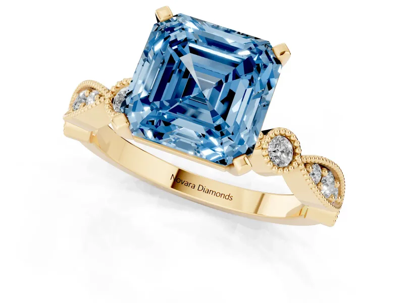 Fancy Blue Asscher Cut Diamond Solitaire Engagement Ring Set in Yellow gold with Milgrain Bezel Accent Band