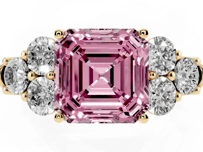 Fancy Pink Asscher Cut Diamond Cluster Ring Set in Yellow gold with Round Accent Stones and Prong Setting on a Plain Band