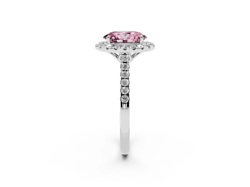 Oval Raised Halo Engagement Ring Setting for a Fancy Pink Lab-Grown Diamond | Pave Band | White Gold