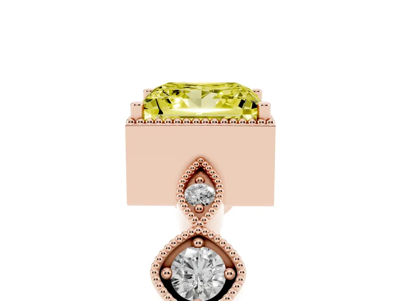 Fancy Yellow Princess Cut Diamond Vintage-Inspired Milgrain Ring Set in Rose gold with Marquise Stations of Round Accents