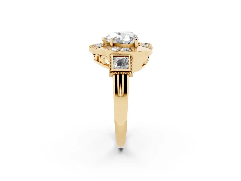 Heart-Shaped Milgrain Sectioned Halo Engagement Ring Setting | Square-Framed Sides | Yellow Gold