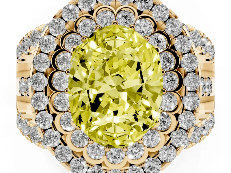 Oval Double Halo Split Shank Engagement Ring Setting for a Fancy Yellow Lab-Grown Diamond | Pave Strands | Yellow Gold