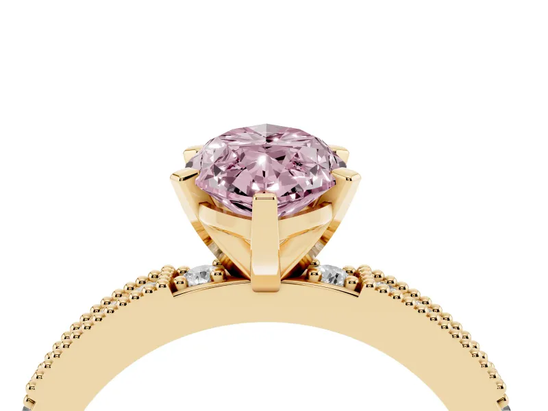 Fancy Pink Marquise Cut Diamond Solitaire Ring Set in Yellow gold with Slim Pavé Band and Prong Setting