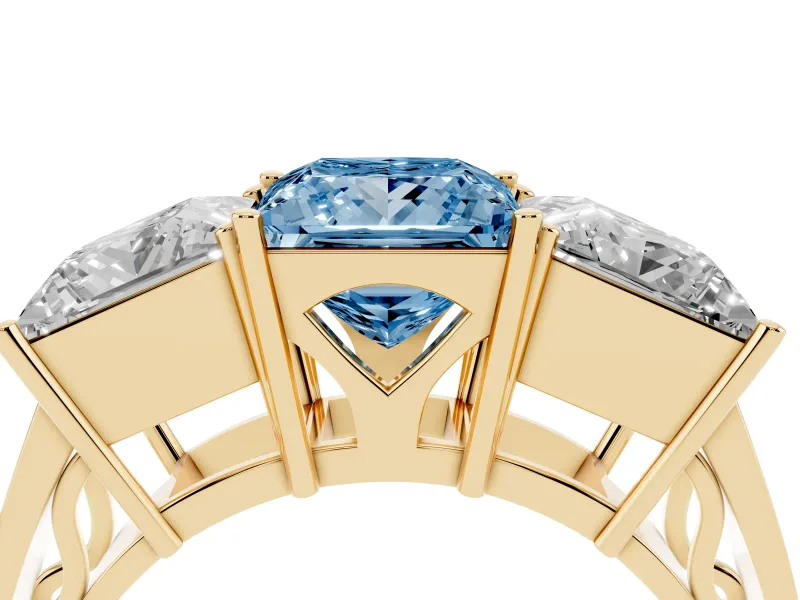 Princess Cut Three Stone Engagement Ring Setting for a Fancy Blue Lab-Grown Diamond | Beaded Shoulders | Yellow Gold