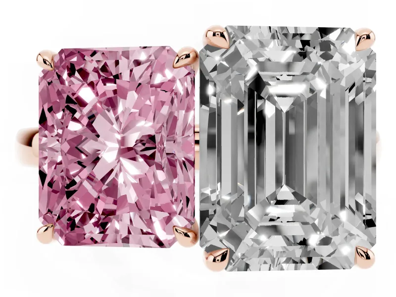 Fancy Pink Radiant Cut and Emerald Cut Toi Moi Ring Set in Rose gold with Prong Setting