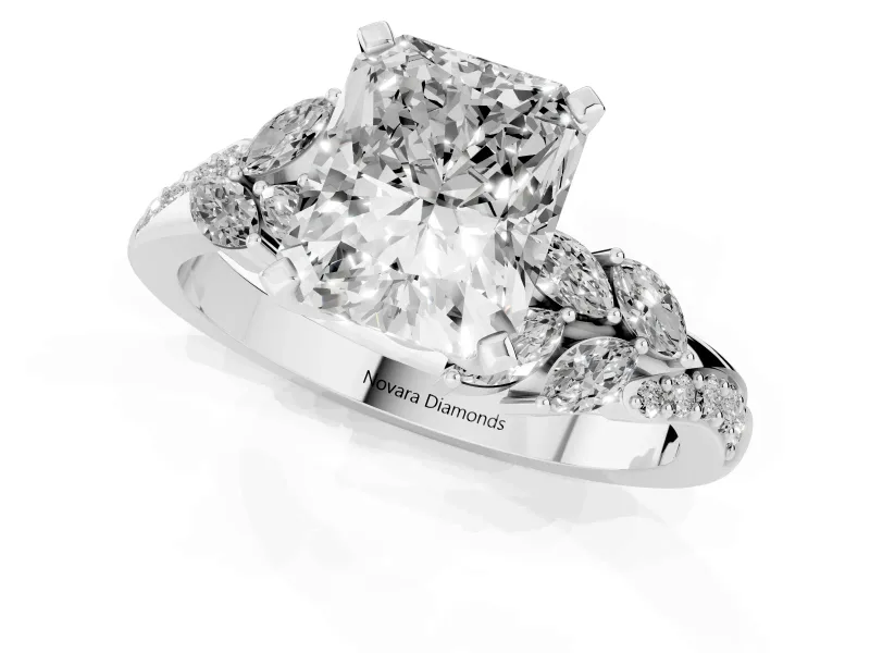 Radiant Cut Floral Engagement Ring Setting | Marquise Side Stones | White Gold