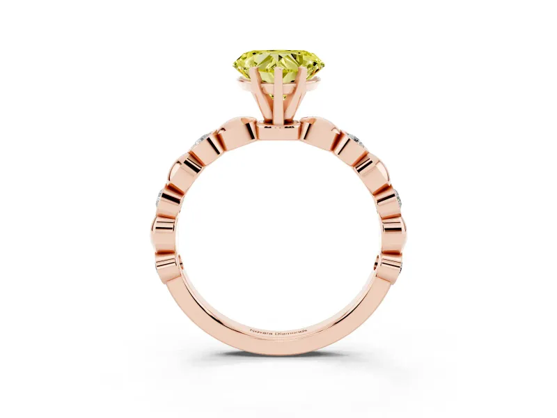 Fancy Yellow Heart Cut Diamond Solitaire Ring Set in Rose gold with Bezel-Set Accents on Beaded Band and Prong Setting