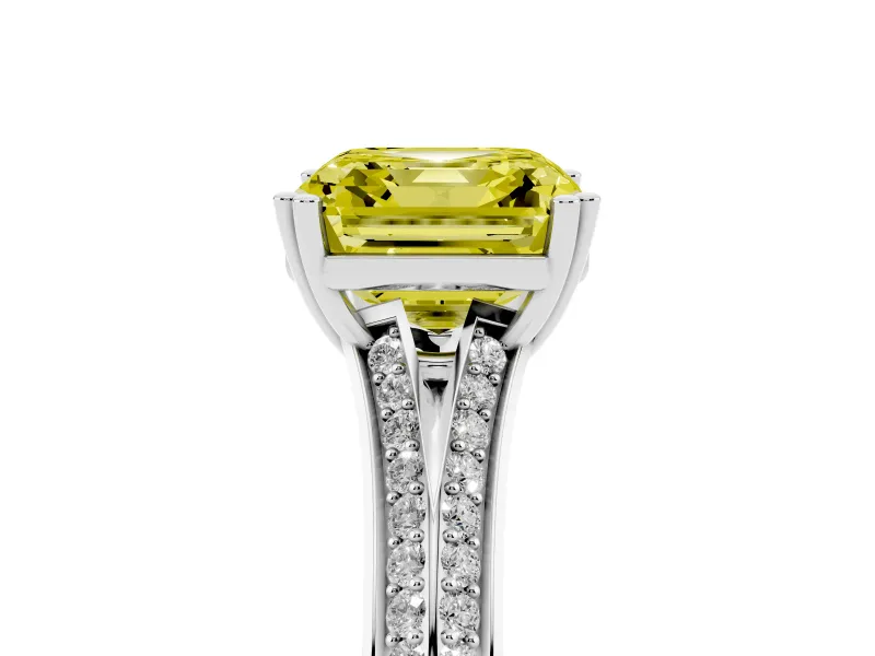 Asscher Cut Split Shank Engagement Ring Setting for a Fancy Yellow Lab-Grown Diamond | Pave Band | Sterling Silver