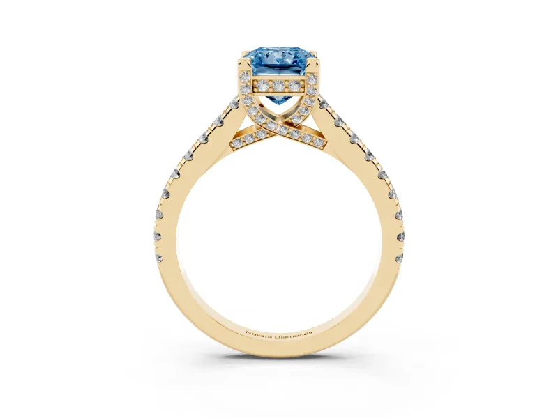 Radiant Cut Hidden Halo Pave Engagement Ring Setting for a Fancy Blue Lab-Grown Diamond | Claw Prongs | Yellow Gold