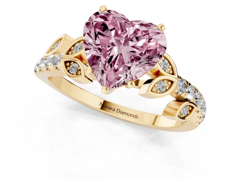 Fancy Pink Heart Cut Diamond Solitaire Leaf-Inspired Ring Set in Yellow gold with Pavé Band and Prong Setting