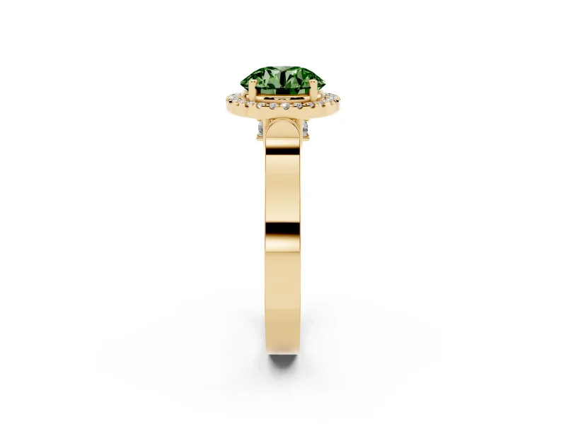 Round Halo Engagement Ring Setting for a Fancy Green Lab-Grown Diamond | Pavé Panel Shoulders | Yellow Gold